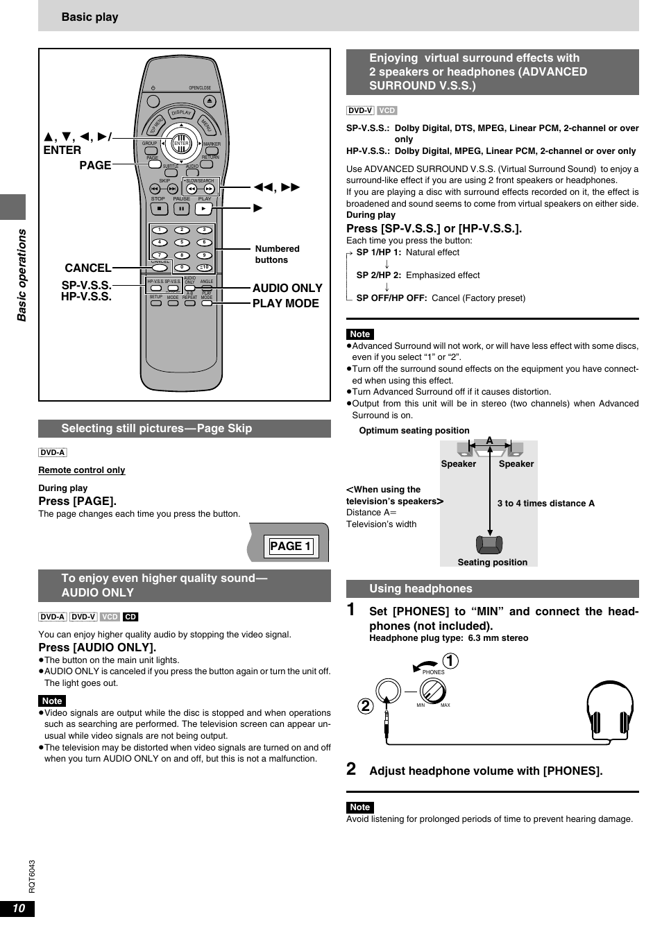 To enjoy even higher quality sound—audio only, Using headphones, Basic operations | Selecting still pictures—page skip, Press [page, Press [audio only, Press [sp-v.s.s.] or [hp-v.s.s, Adjust headphone volume with [phones, Page 1, Basic play | Panasonic DVD-RA61 User Manual | Page 10 / 24