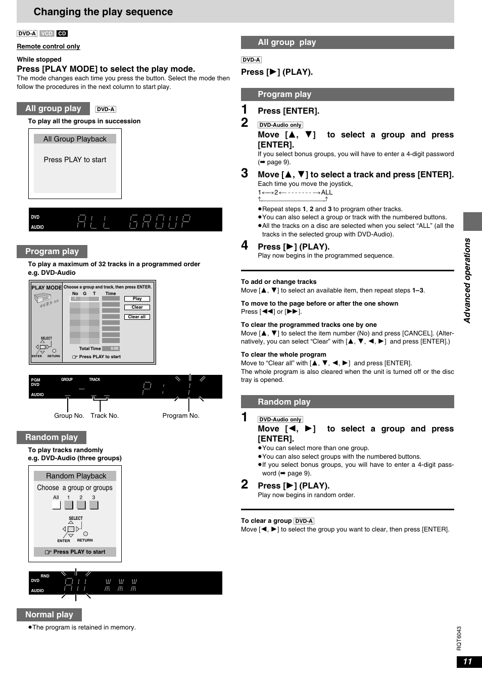 Advanced operations, Changing the play sequence, All group play/program play/random play | Press [play mode] to select the play mode, All group play, Program play, Random play, Normal play, Press [ 1 ] (play). program play, Press [enter | Panasonic DVD-RA61 User Manual | Page 11 / 24