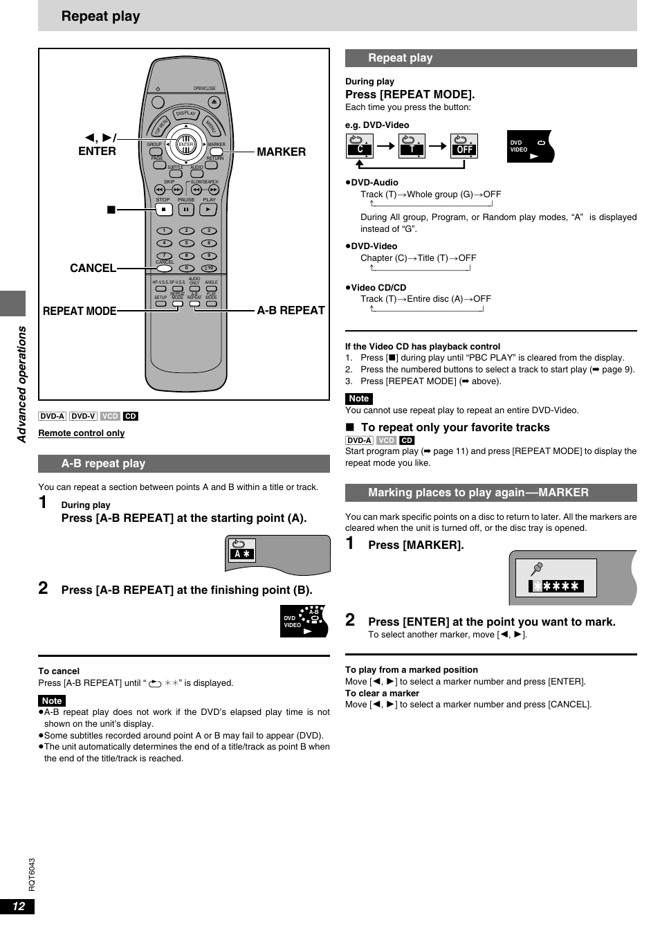 Repeat play, Advanced operations, A-b repeat play | Press [a-b repeat] at the starting point (a), Press [a-b repeat] at the finishing point (b), Press [repeat mode, Marking places to play again––marker, Press [marker, Press [enter] at the point you want to mark, A-b repeat marker ∫ cancel repeat mode enter 2 , 1 | Panasonic DVD-RA61 User Manual | Page 12 / 24