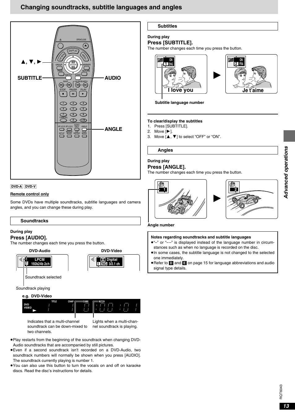 Advanced operations, I love you je t’aime, Press [audio | Press [subtitle, Press [angle, Angle audio 3 , 4 , 1 subtitle, Soundtracks, Subtitles, Angles | Panasonic DVD-RA61 User Manual | Page 13 / 24