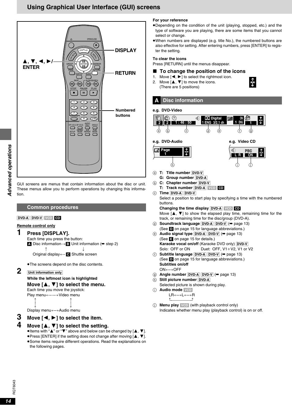 Using graphical user interface (gui) screens, Common procedures, Disc information | Advanced operations, Press [display, Move [ 3 , 4 ] to select the menu, Move [ 2 , 1 ] to select the item, Move [ 3 , 4 ] to select the setting, Display return enter 3 , 4 , 2 , 1 | Panasonic DVD-RA61 User Manual | Page 14 / 24
