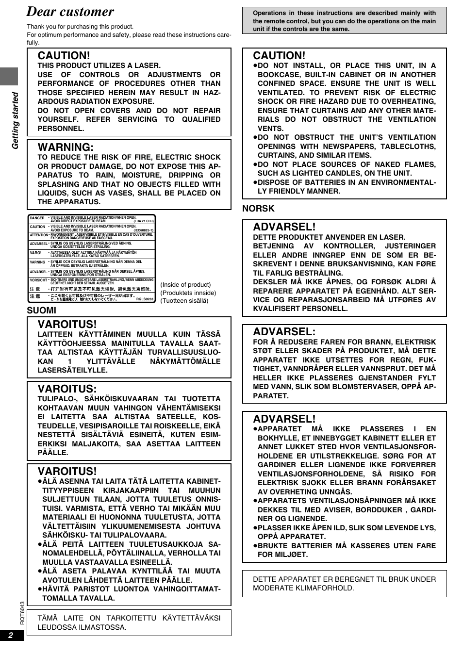 Introduction, Dear customer, Caution | Warning, Varoitus, Advarsel, Suomi, Norsk, Getting started | Panasonic DVD-RA61 User Manual | Page 2 / 24