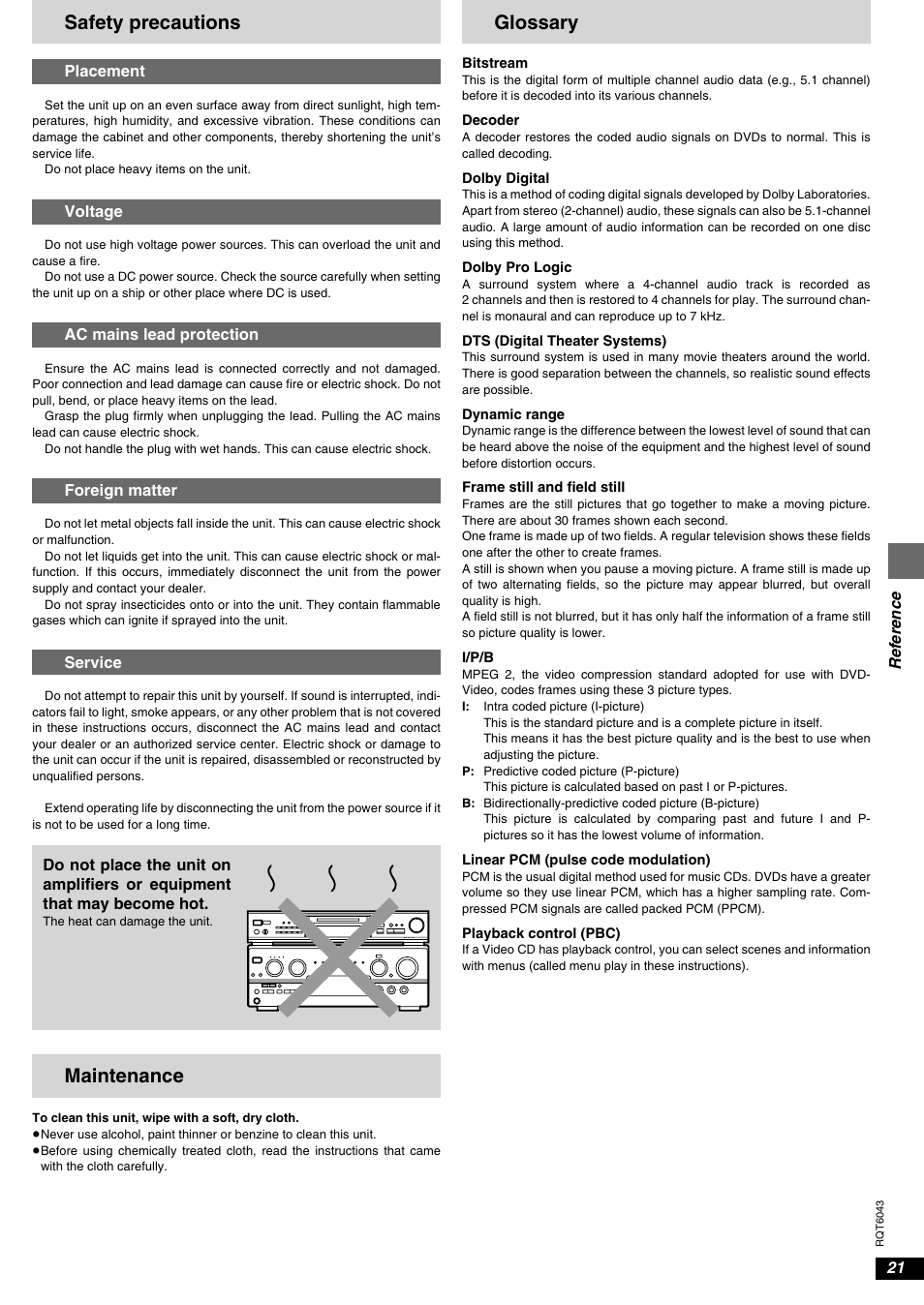 Reference, Safety precautions, Maintenance | Glossary | Panasonic DVD-RA61 User Manual | Page 21 / 24