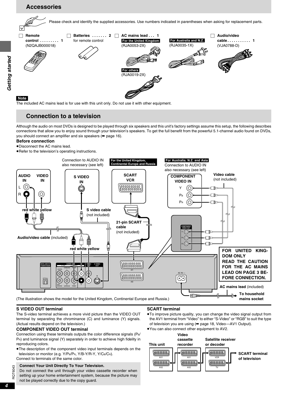 Accessories, Connection to a television, Getting started | Before connection, Scart terminal, S video out terminal, Component video out terminal | Panasonic DVD-RA61 User Manual | Page 4 / 24