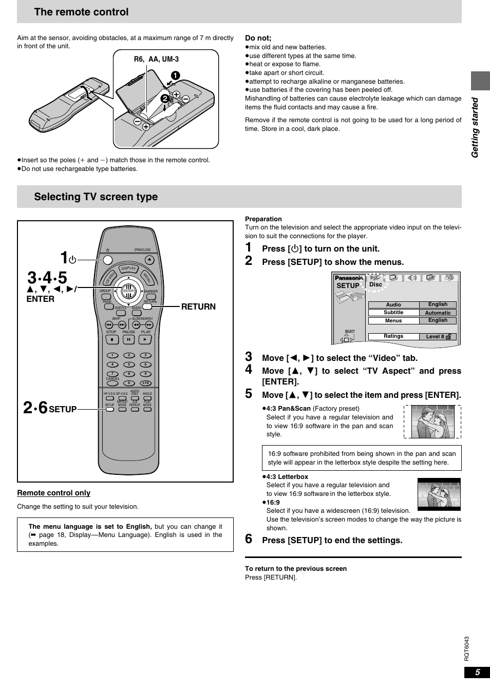 The remote control, Selecting tv screen type, Getting started | Press [ í ] to turn on the unit, Press [setup] to show the menus, Move [ 2 , 1 ] to select the “video” tab, Move [ 3 , 4 ] to select the item and press [enter, Enter 3 , 4 , 2 , 1, Ísetup return, Press [setup] to end the settings | Panasonic DVD-RA61 User Manual | Page 5 / 24