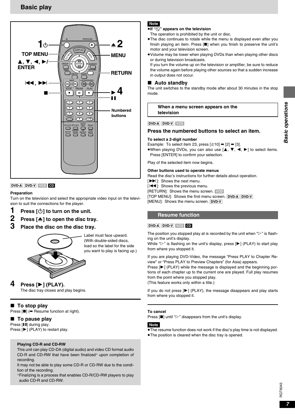 Basic operations, Basic play, Resume function | Press [ í ] to turn on the unit, Press [ < ] to open the disc tray, Place the disc on the disc tray, Press [ 1 ] (play), Auto standby, Press the numbered buttons to select an item | Panasonic DVD-RA61 User Manual | Page 7 / 24
