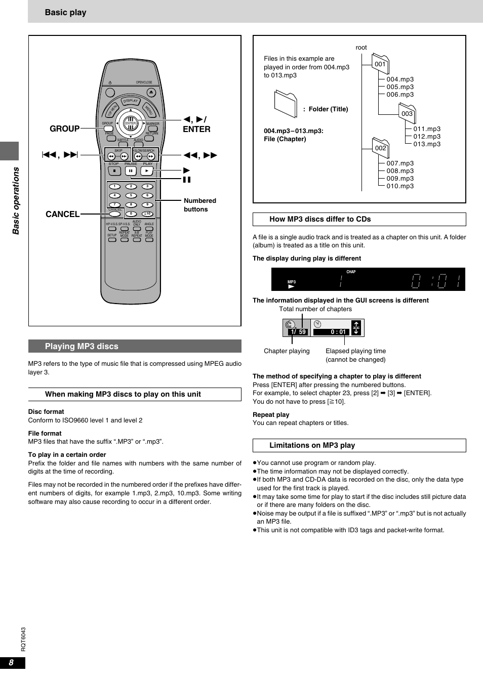 Playing mp3 discs, Basic operations, Basic play playing mp3 discs | When making mp3 discs to play on this unit, How mp3 discs differ to cds, Limitations on mp3 play | Panasonic DVD-RA61 User Manual | Page 8 / 24