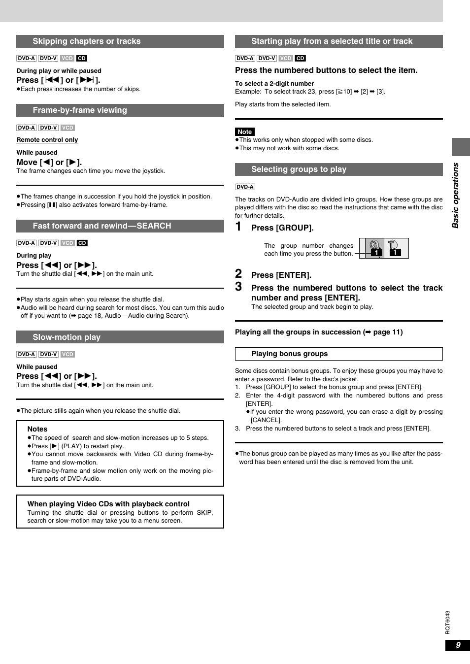 Skipping chapters or tracks, Frame-by-frame viewing, Fast forward and rewind—search | Slow-motion play, Starting play from a selected title or track, Selecting groups to play, Basic operations | Panasonic DVD-RA61 User Manual | Page 9 / 24