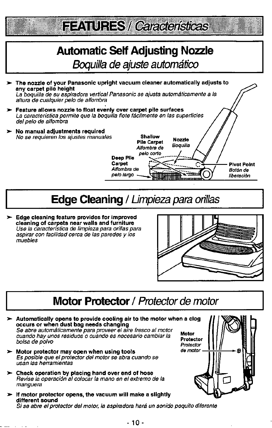 Automatic self adjusting nozzle, Motor protector / protector de motor, Motor protector | Protector de m otor, Features, Edge cleaning / limpieza para orillas | Panasonic ASPIRADORA MC-V5740 User Manual | Page 10 / 24