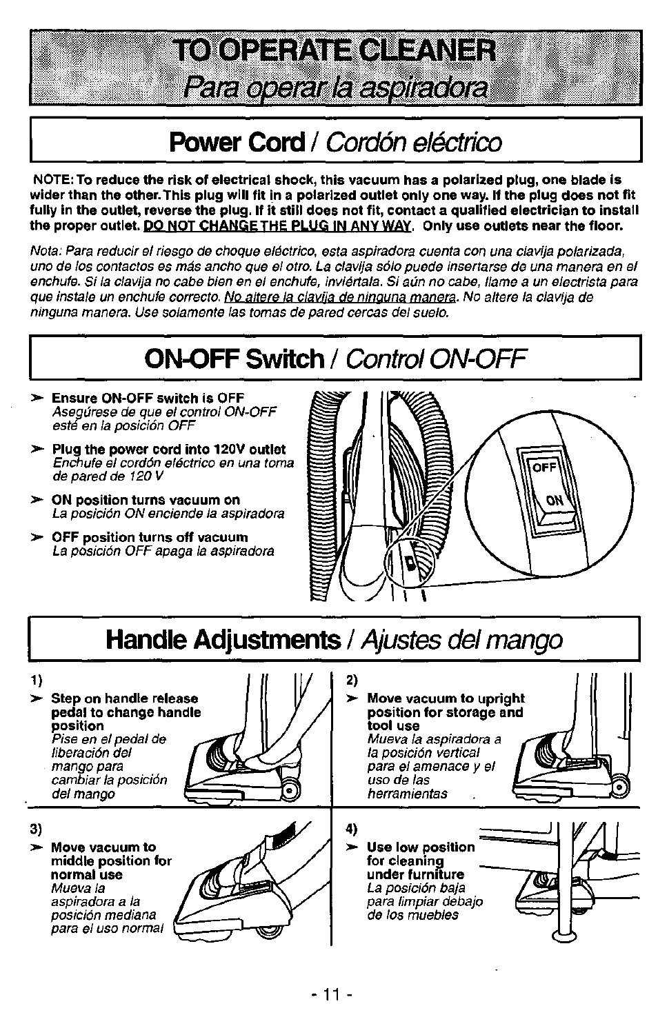 On-off switch / control on-off, Handle adjustments / ajustes del mango, On-off switch | C ontrol o n -o ff, Handle adjustments, Ajustes del m ango, Power cord / cordón eiéctricx) | Panasonic ASPIRADORA MC-V5740 User Manual | Page 11 / 24