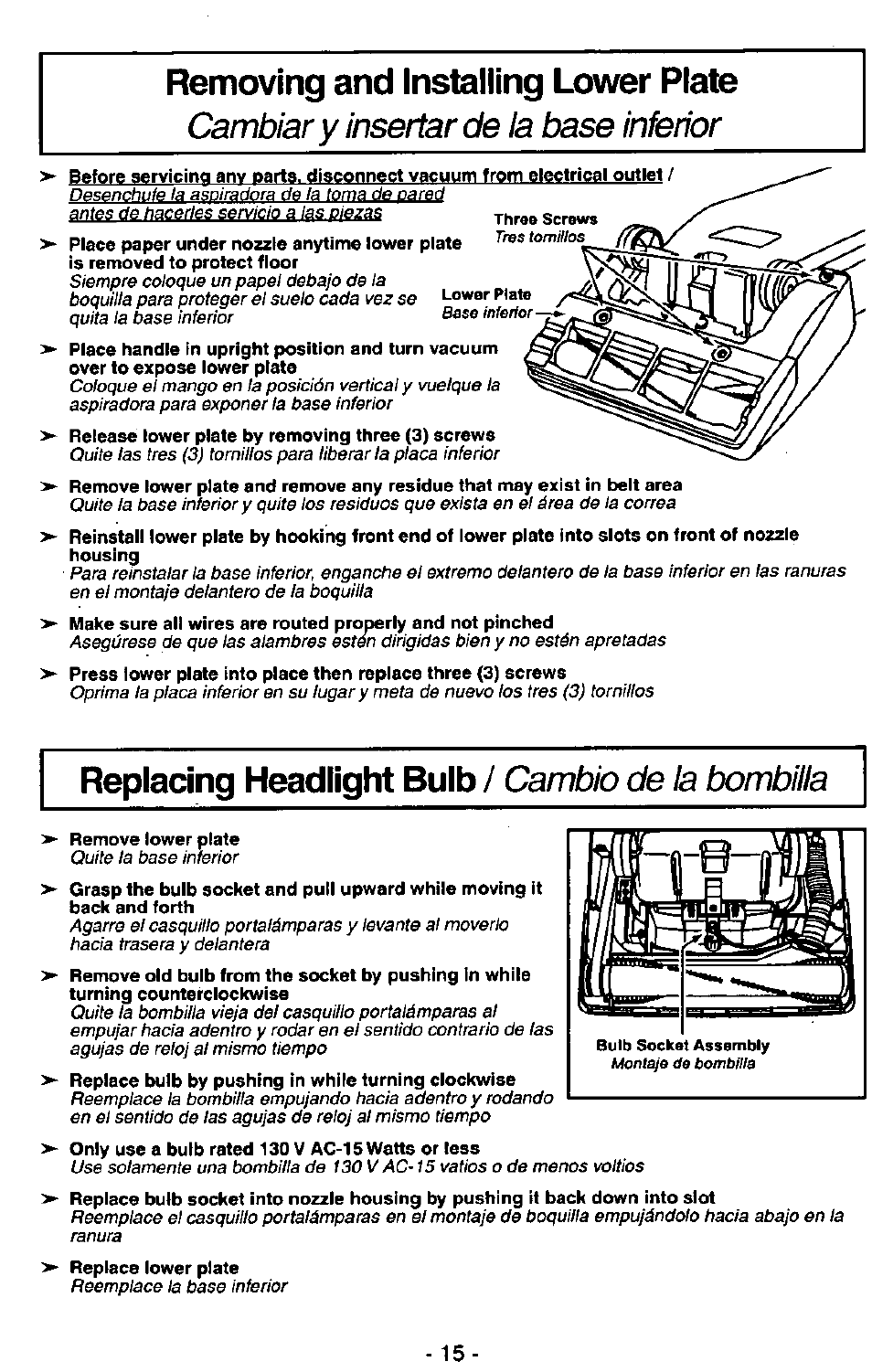 Removing and installing lower plate, Replacing headlight bulb / cambio de la bombilla, Replacing headlight bulb | C am bio de la bom billa | Panasonic ASPIRADORA MC-V5740 User Manual | Page 15 / 24