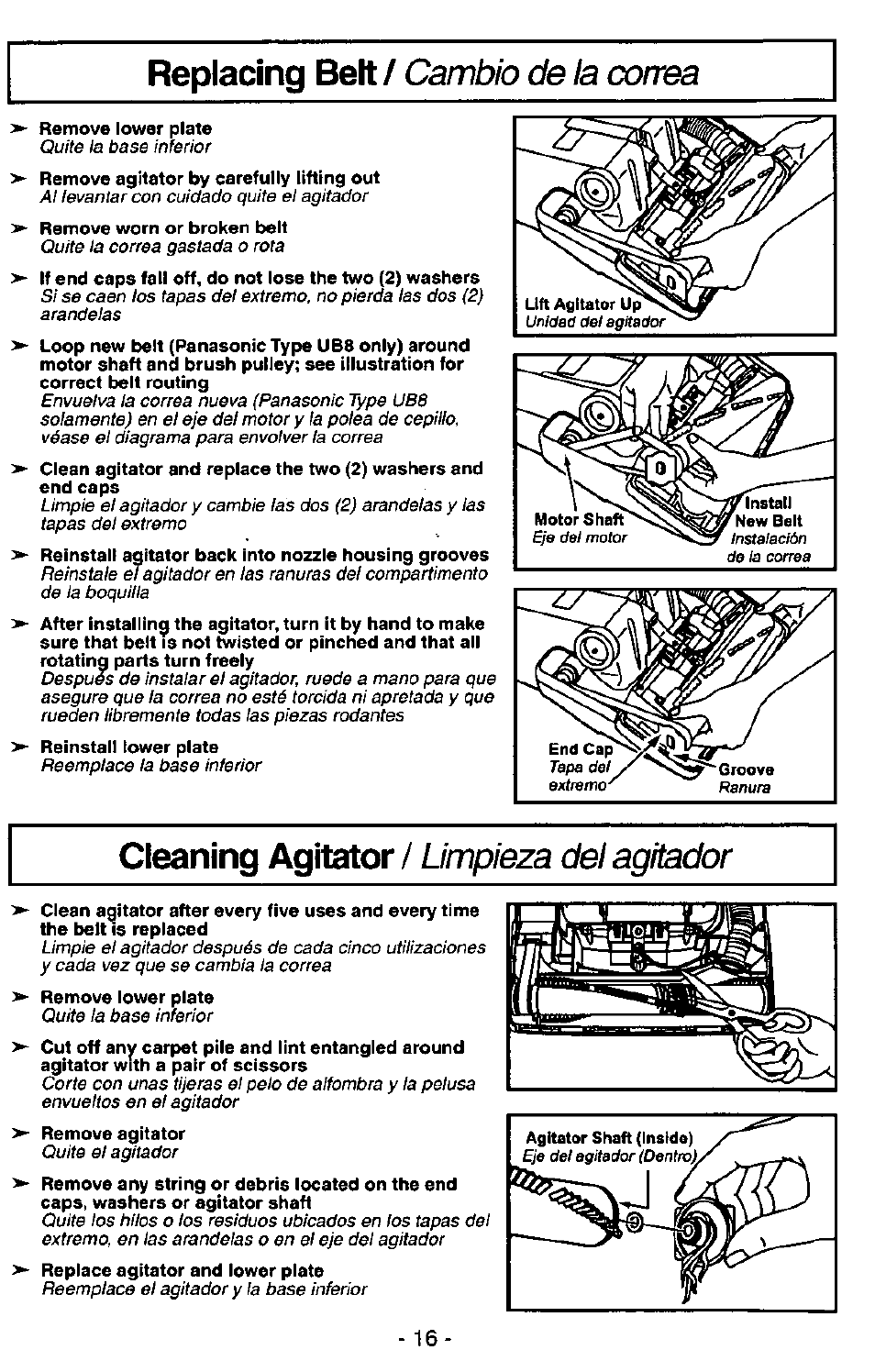 Replacing belt / cambio de la correa, Cleaning agitator / limpieza del agitador | Panasonic ASPIRADORA MC-V5740 User Manual | Page 16 / 24