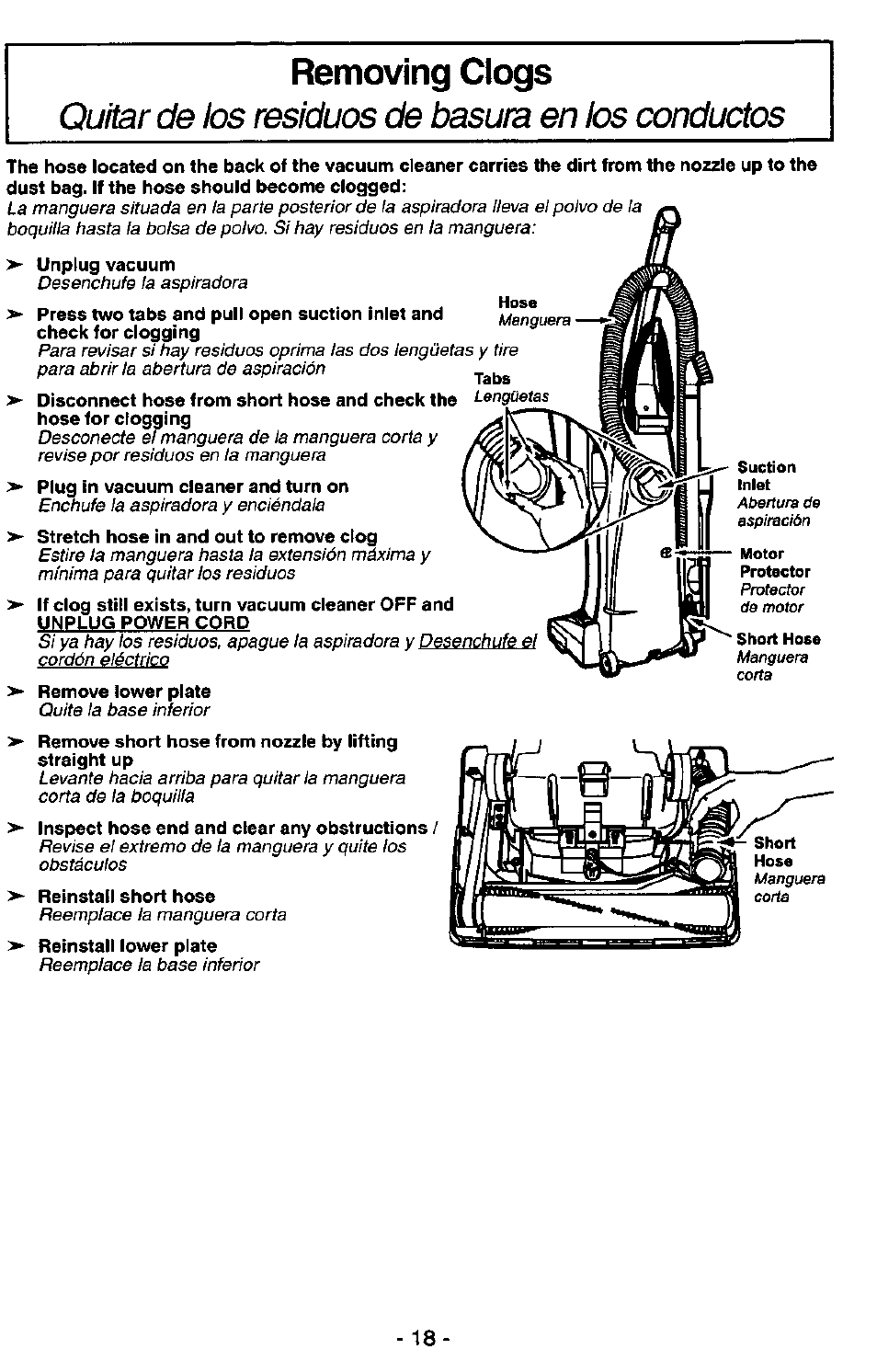 Removing clogs | Panasonic ASPIRADORA MC-V5740 User Manual | Page 18 / 24