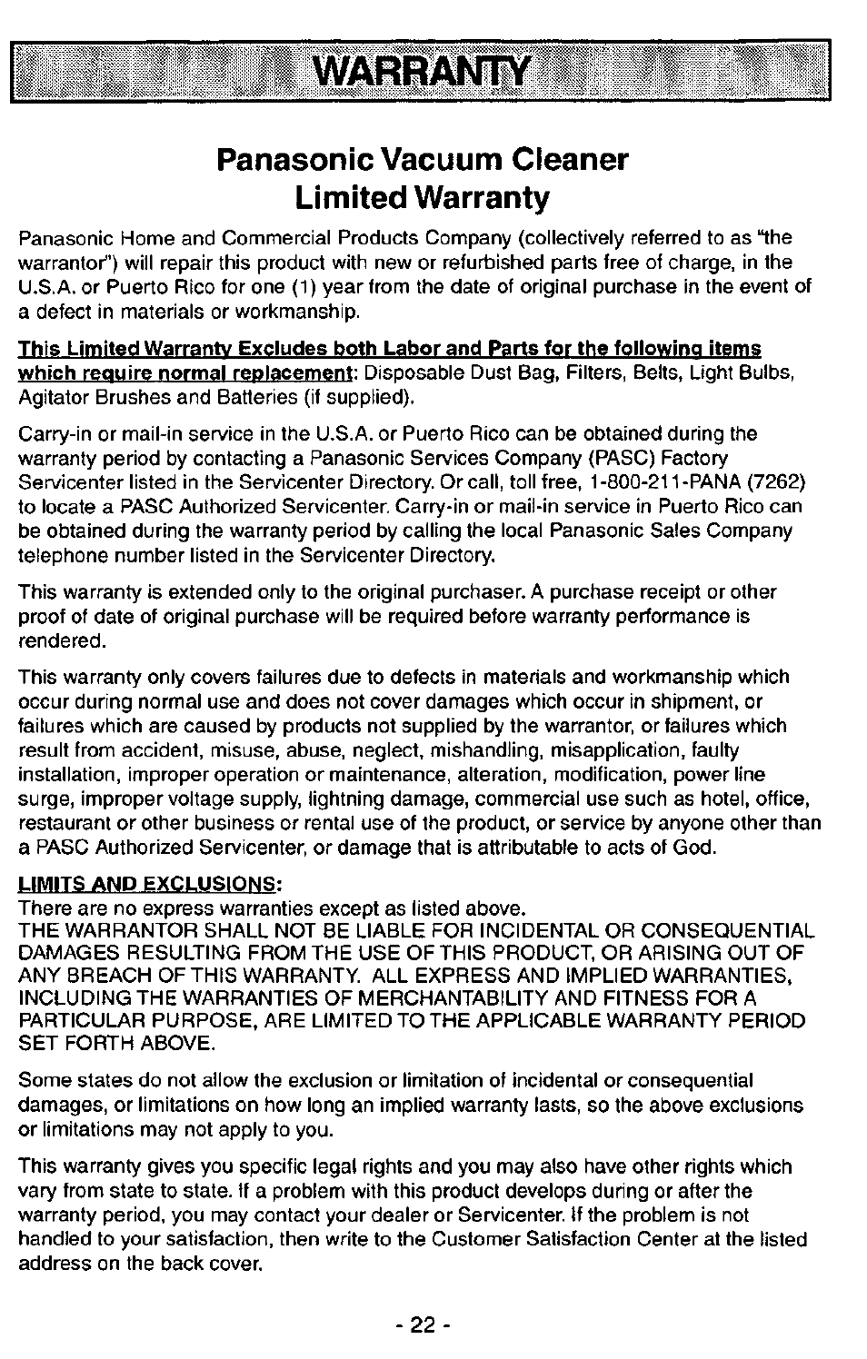 Warranw, Panasonic vacuum cleaner limited warranty, Illipp | Panasonic ASPIRADORA MC-V5740 User Manual | Page 22 / 24