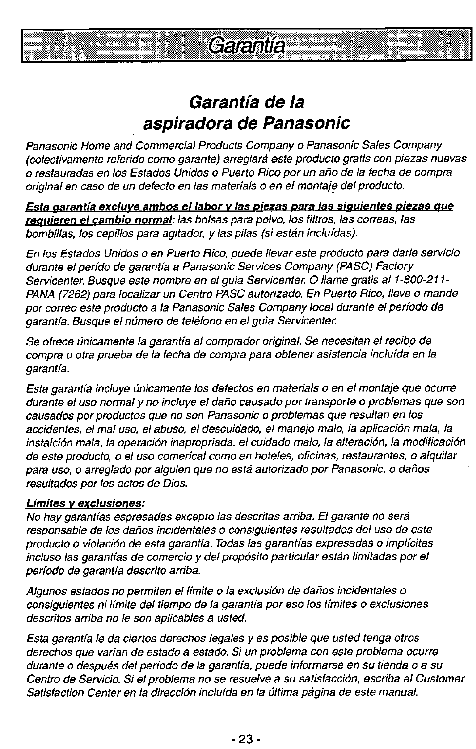 Garantía de la aspiradora de panasonic | Panasonic ASPIRADORA MC-V5740 User Manual | Page 23 / 24
