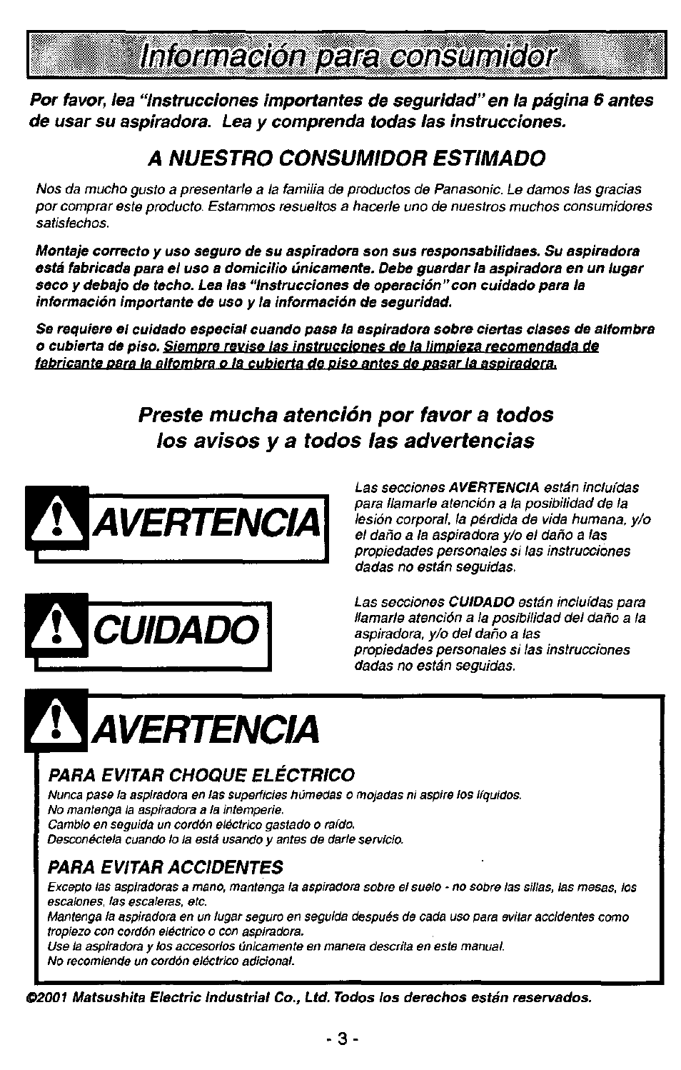 Шгаксопвш, Avertencia, Cuidado | Panasonic ASPIRADORA MC-V5740 User Manual | Page 3 / 24