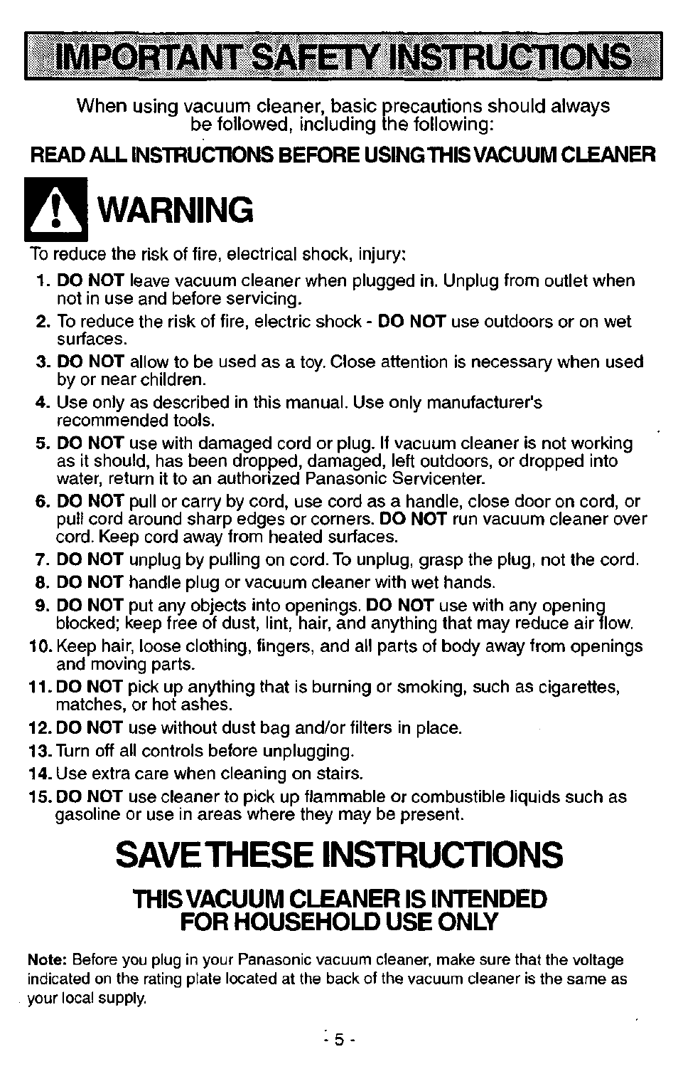 Important s, Warning, Savethese instructions | Nstruction | Panasonic ASPIRADORA MC-V5740 User Manual | Page 5 / 24