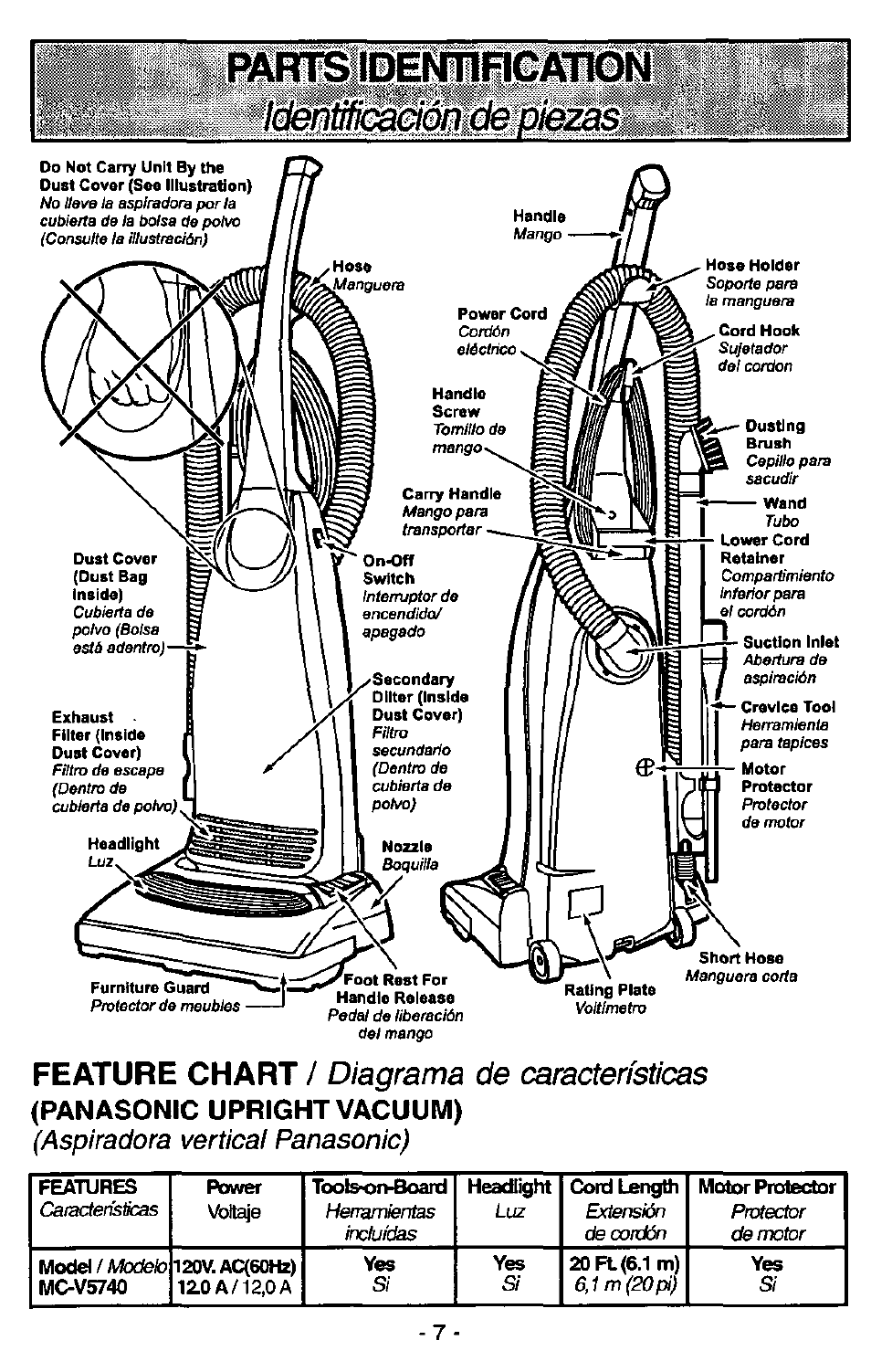 Feature chart, Diagrama de características, Panasonic upright vacuum) | Aspiradora vertical panasonic) | Panasonic ASPIRADORA MC-V5740 User Manual | Page 7 / 24