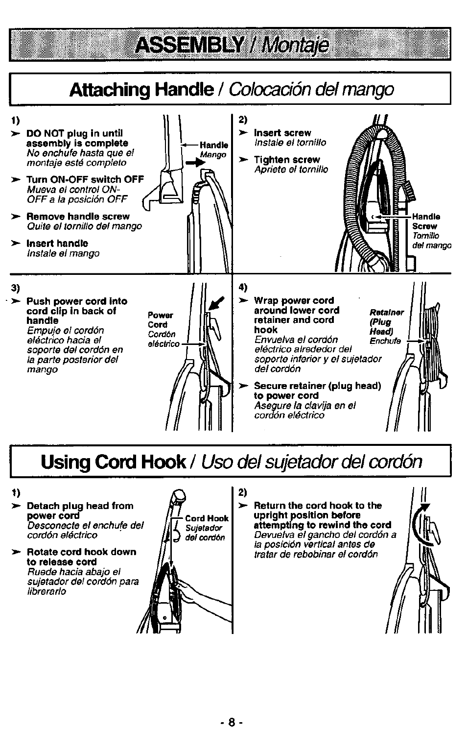 Using cord hook / uso del sujetador del cordón | Panasonic ASPIRADORA MC-V5740 User Manual | Page 8 / 24