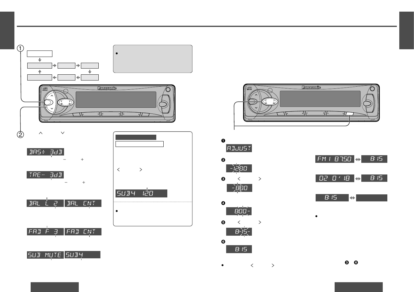 Power and sound controls, Clock basics, Initial time | Time reset, Clock display, Audio mode (bass/treble/balance/fader/subwoofer), Continued), Subwoofer volume: bass, Treble, Balance | Panasonic CQ-DF501 User Manual | Page 4 / 13