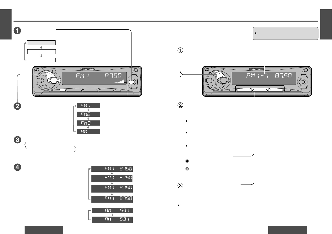 Radio basics, Tuning in a preset station, Manual station preset | Preset station setting band, Auto station preset, Seek tuning, Band, Mode selection, Manual tuning, Mono/local selection | Panasonic CQ-DF501 User Manual | Page 5 / 13