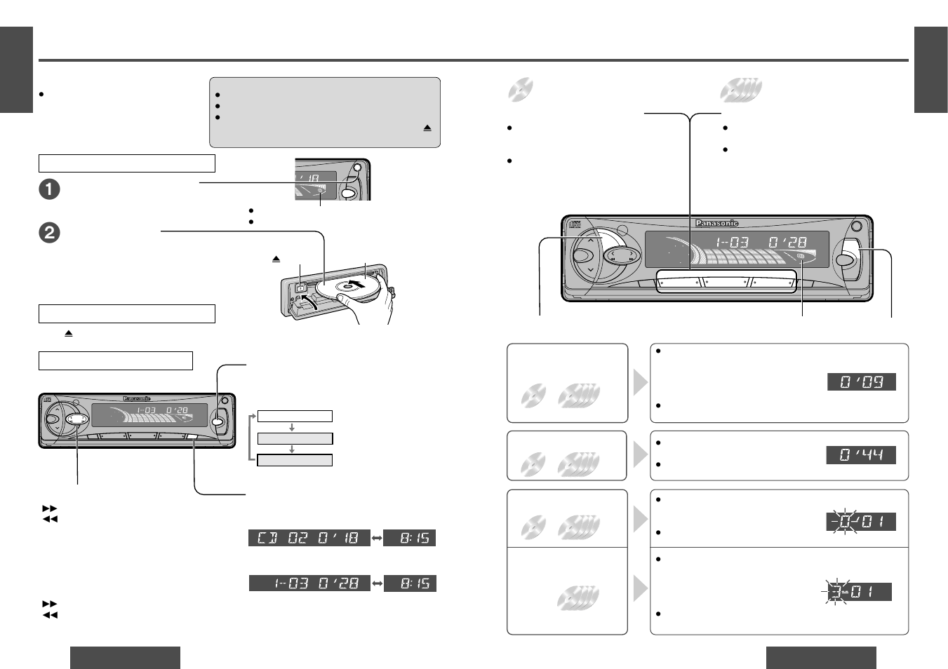 Cd player and cd changer, Cd receiver with changer control, Remote | Direct track selection, Direct disc selection, Display change, Mode selection, Listening to a cd, Track selection, Track search | Panasonic CQ-DF501 User Manual | Page 6 / 13