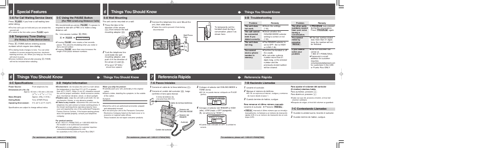 5special features, 6things you should know, 7referencia rápida | Things you should know, Referencia rápida, C using the pause button, A wall mounting 1, B troubleshooting, D helpful information, C specifications | Panasonic Integrated Telephone System KX-TS550B User Manual | Page 2 / 2