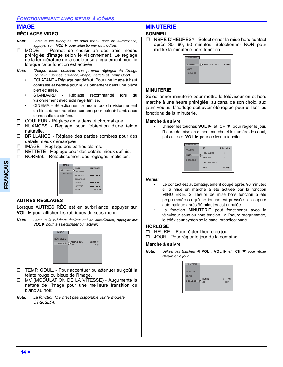 Image, Minuterie, Françai s | 14 z, Réglages vidéo | Panasonic CT 32SL14 User Manual | Page 64 / 80