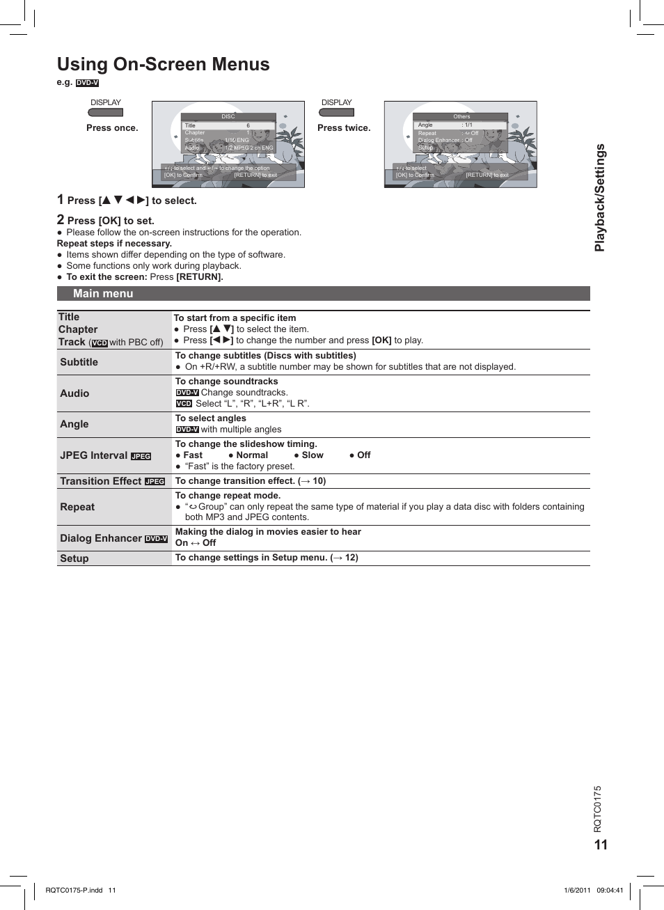 Using on-screen menus, Playback/settings, Main menu | Panasonic DVD-LS92 User Manual | Page 11 / 20