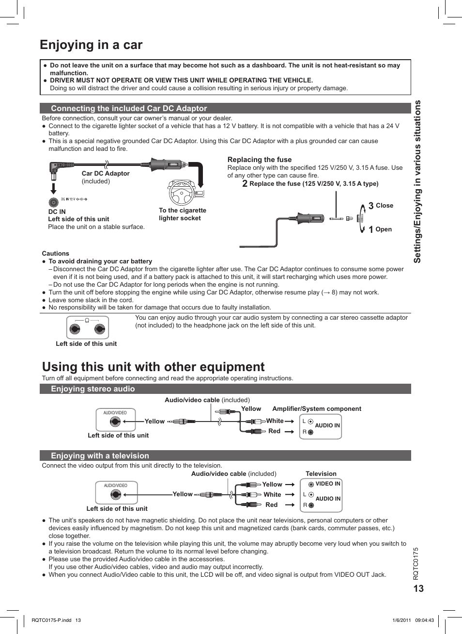 Enjoying in a car, Using this unit with other equipment, Settings/enjoying in various situations | Panasonic DVD-LS92 User Manual | Page 13 / 20