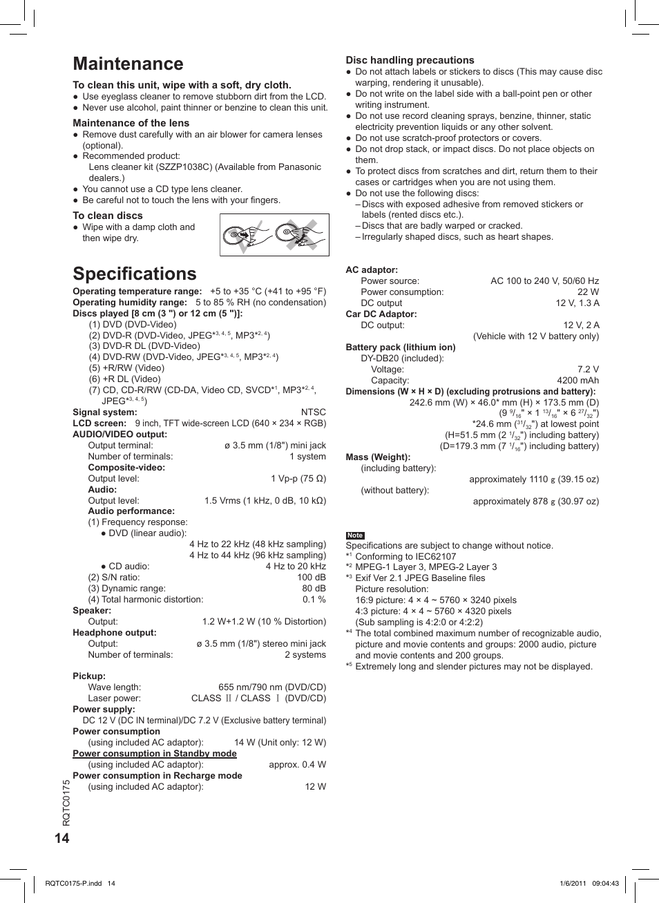 Maintenance, Specifications, Speciﬁcations | Panasonic DVD-LS92 User Manual | Page 14 / 20