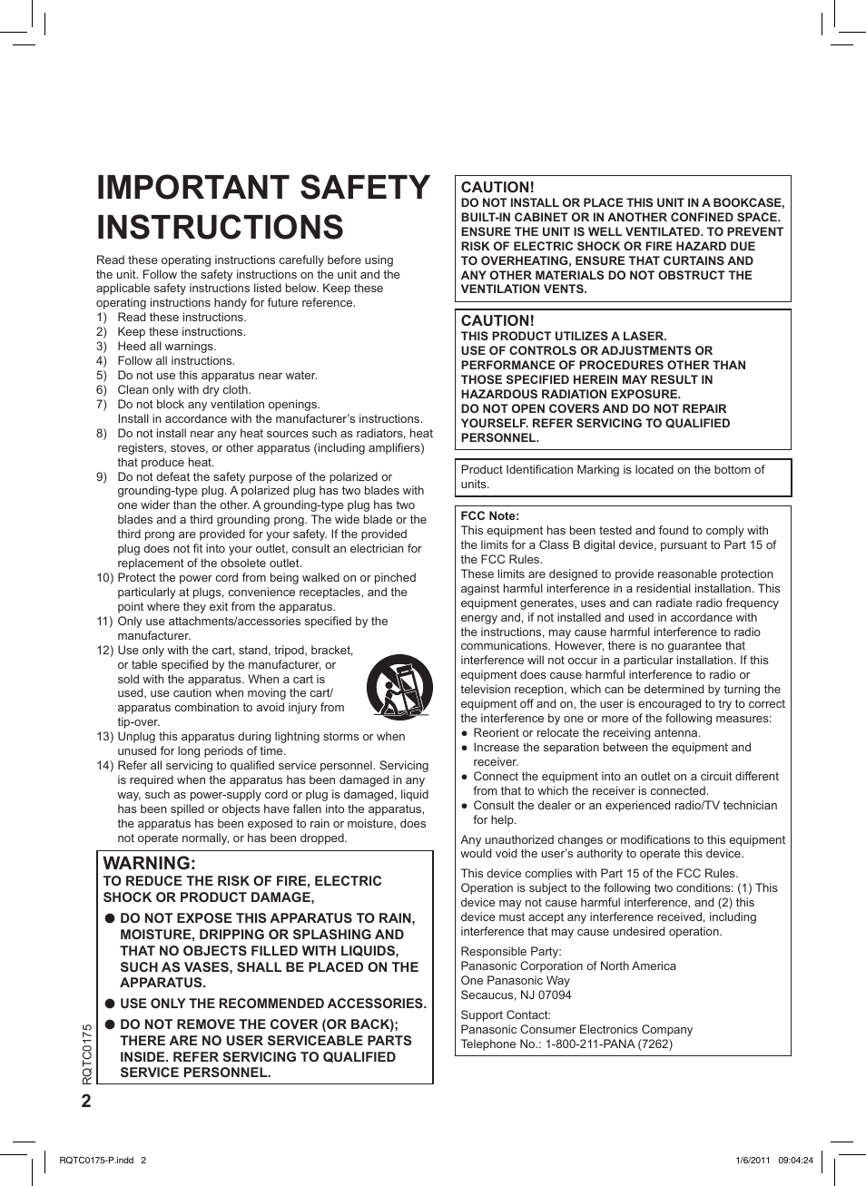 Important safety instructions, Warning | Panasonic DVD-LS92 User Manual | Page 2 / 20