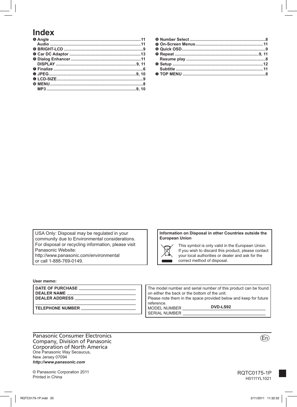 Index | Panasonic DVD-LS92 User Manual | Page 20 / 20