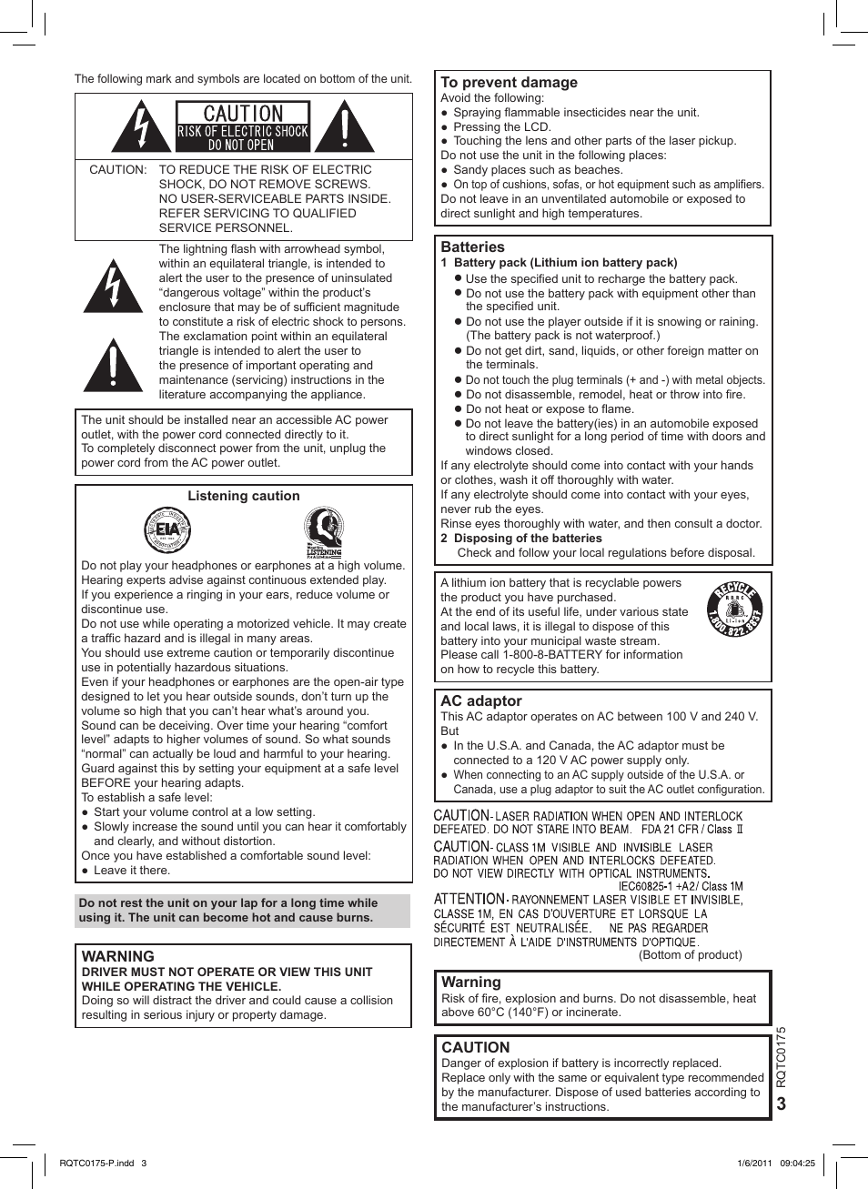 Batteries, Ac adaptor, Warning | Caution | Panasonic DVD-LS92 User Manual | Page 3 / 20