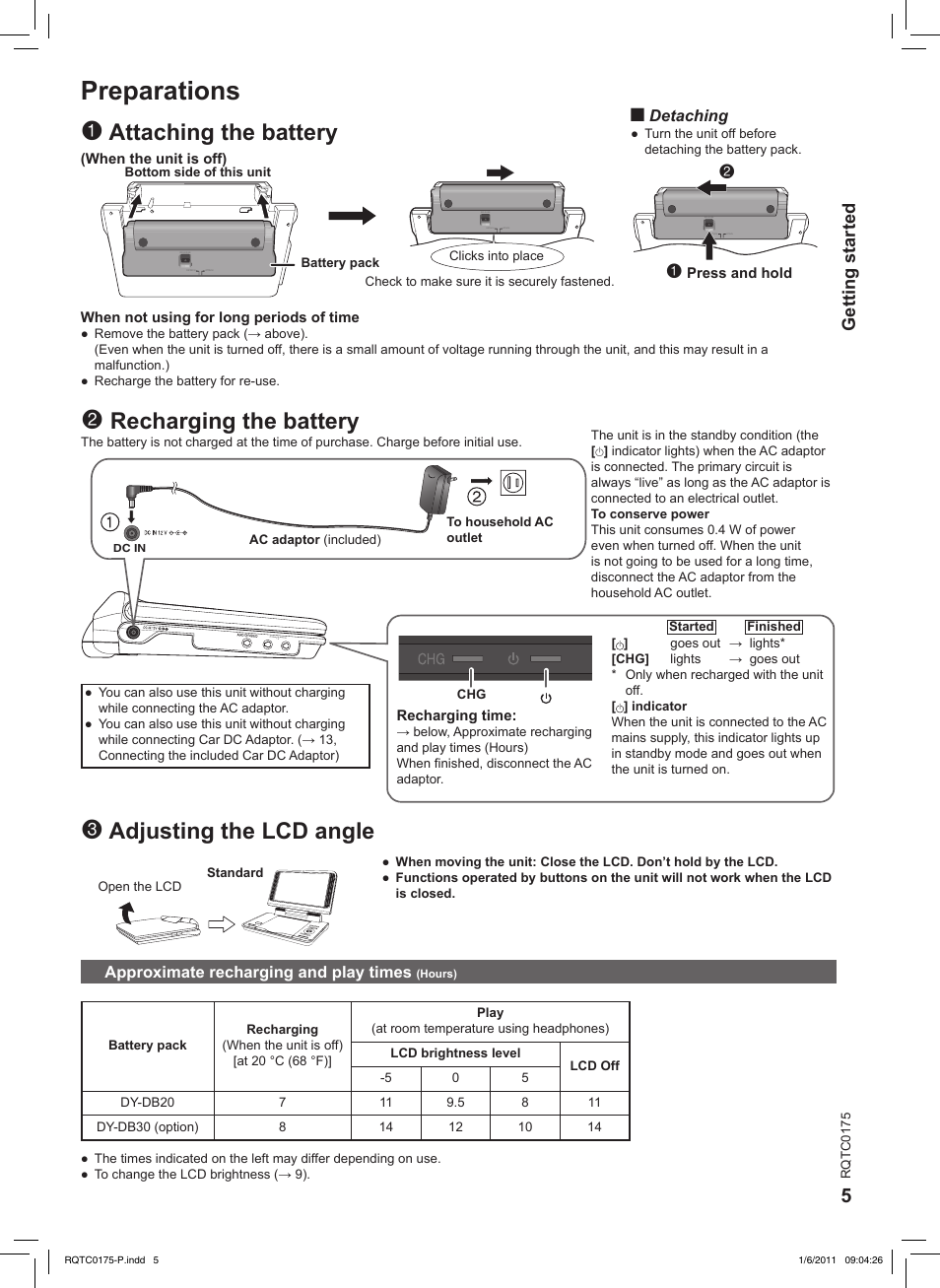 Attaching the battery, Recharging the battery, Adjusting the lcd angle | Preparations, Getting started | Panasonic DVD-LS92 User Manual | Page 5 / 20