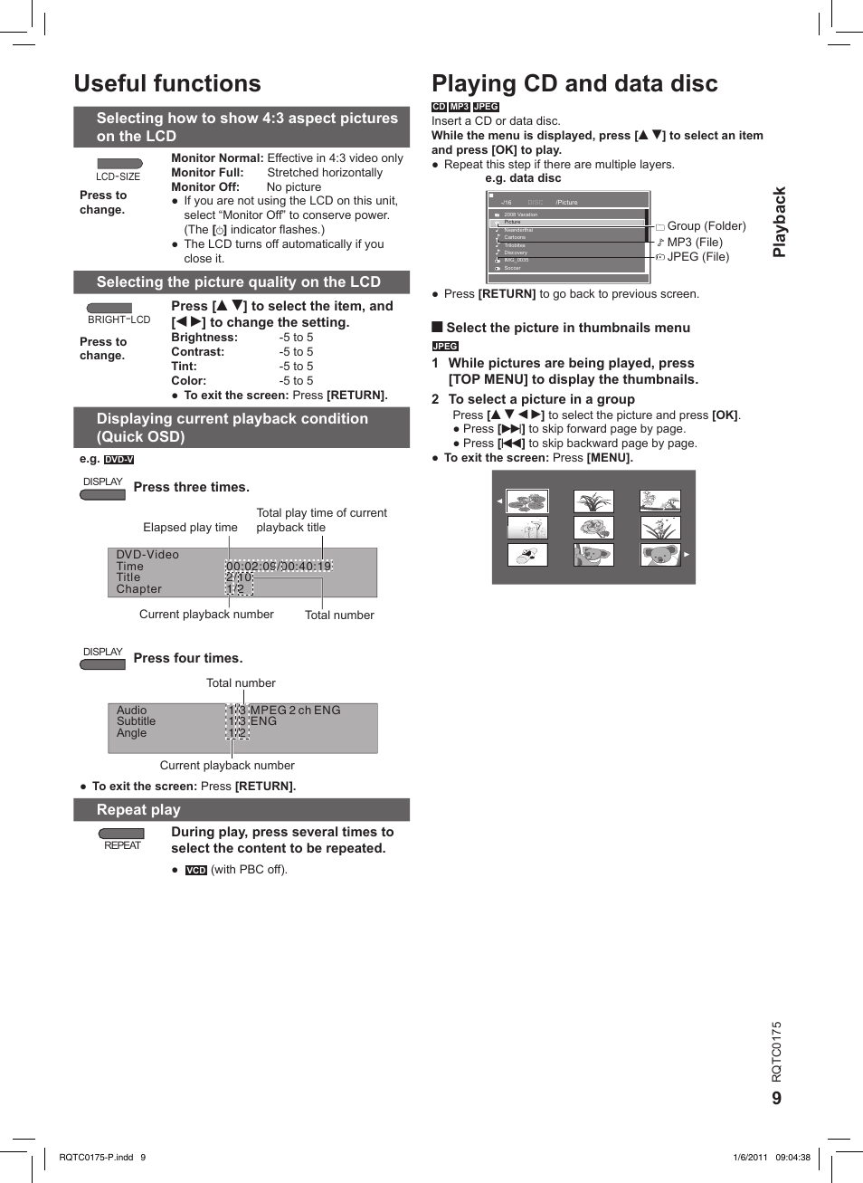 Useful functions, Playing cd and data disc, Playback | Panasonic DVD-LS92 User Manual | Page 9 / 20