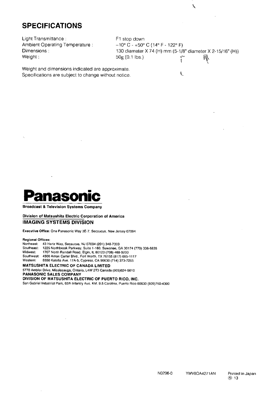 Panasonic, Specifications | Panasonic DOME COVER WV-CS1S User Manual | Page 2 / 2