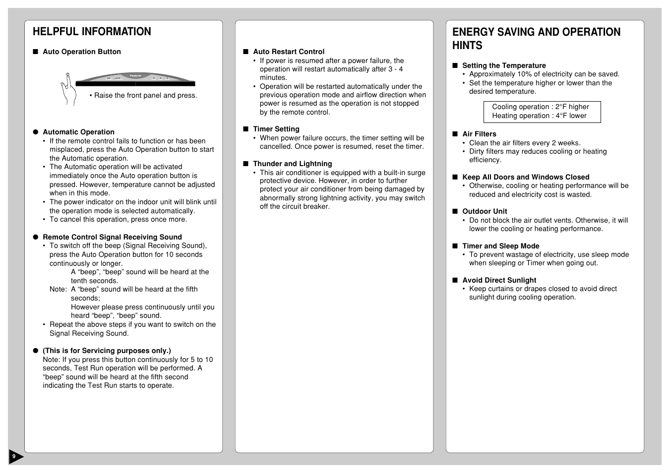 Helpful information, Energy saving and operation hints | Panasonic CU-A18CKP6G User Manual | Page 10 / 24