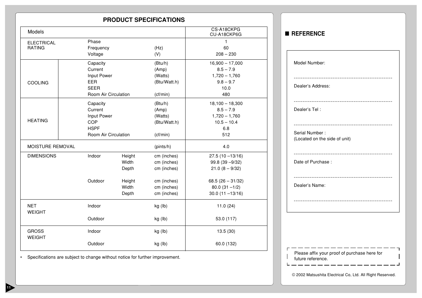 Product specification and reference | Panasonic CU-A18CKP6G User Manual | Page 12 / 24