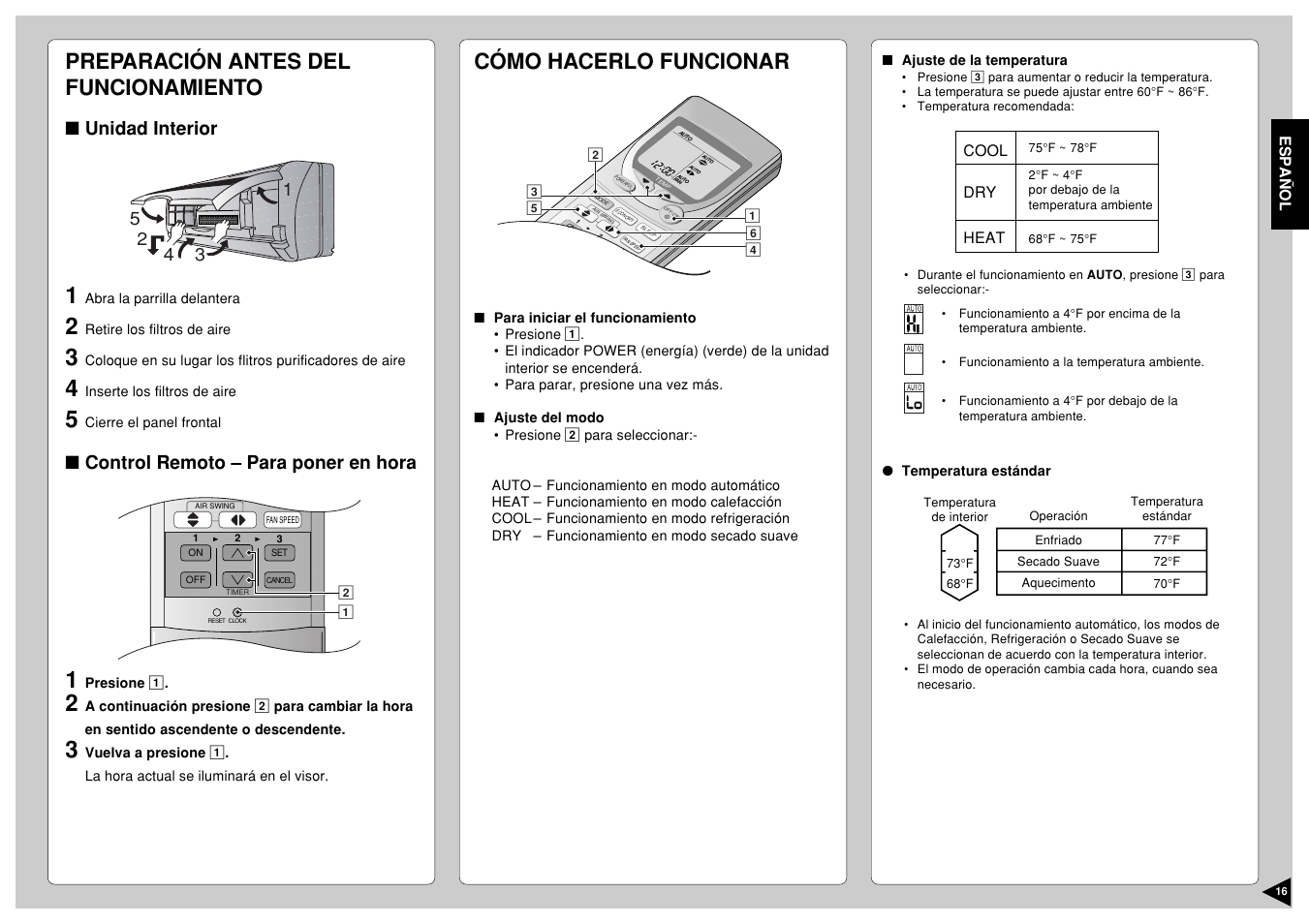 Prepacion antes del funcionamiento, Como hacerlo funcionar, Preparación antes del funcionamiento | Cómo hacerlo funcionar, Unidad interior, Control remoto – para poner en hora, Espa ñ ol, Cool dry heat | Panasonic CU-A18CKP6G User Manual | Page 17 / 24