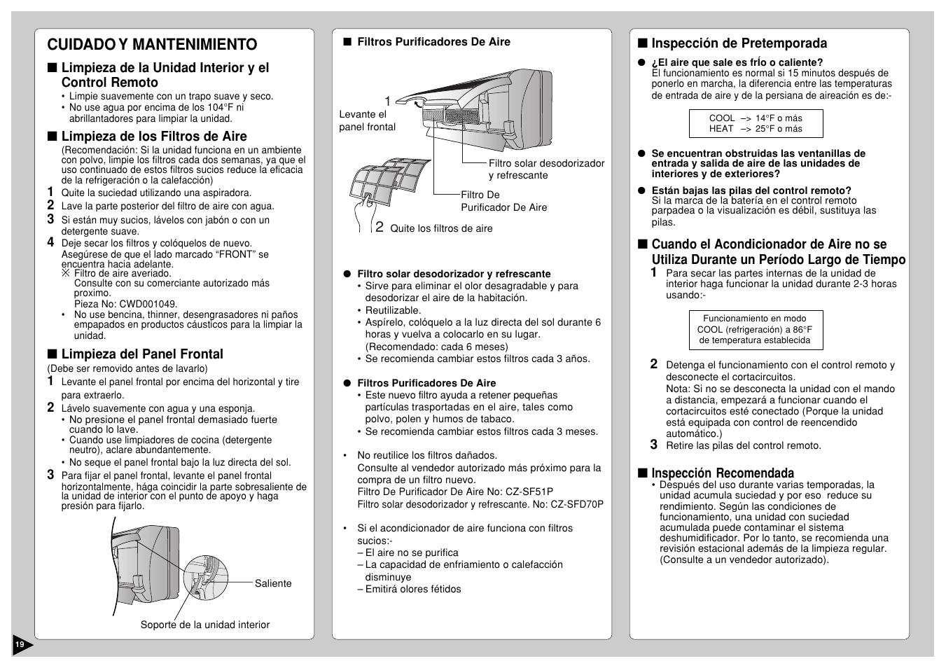 Cuidado y mantenimiento | Panasonic CU-A18CKP6G User Manual | Page 20 / 24