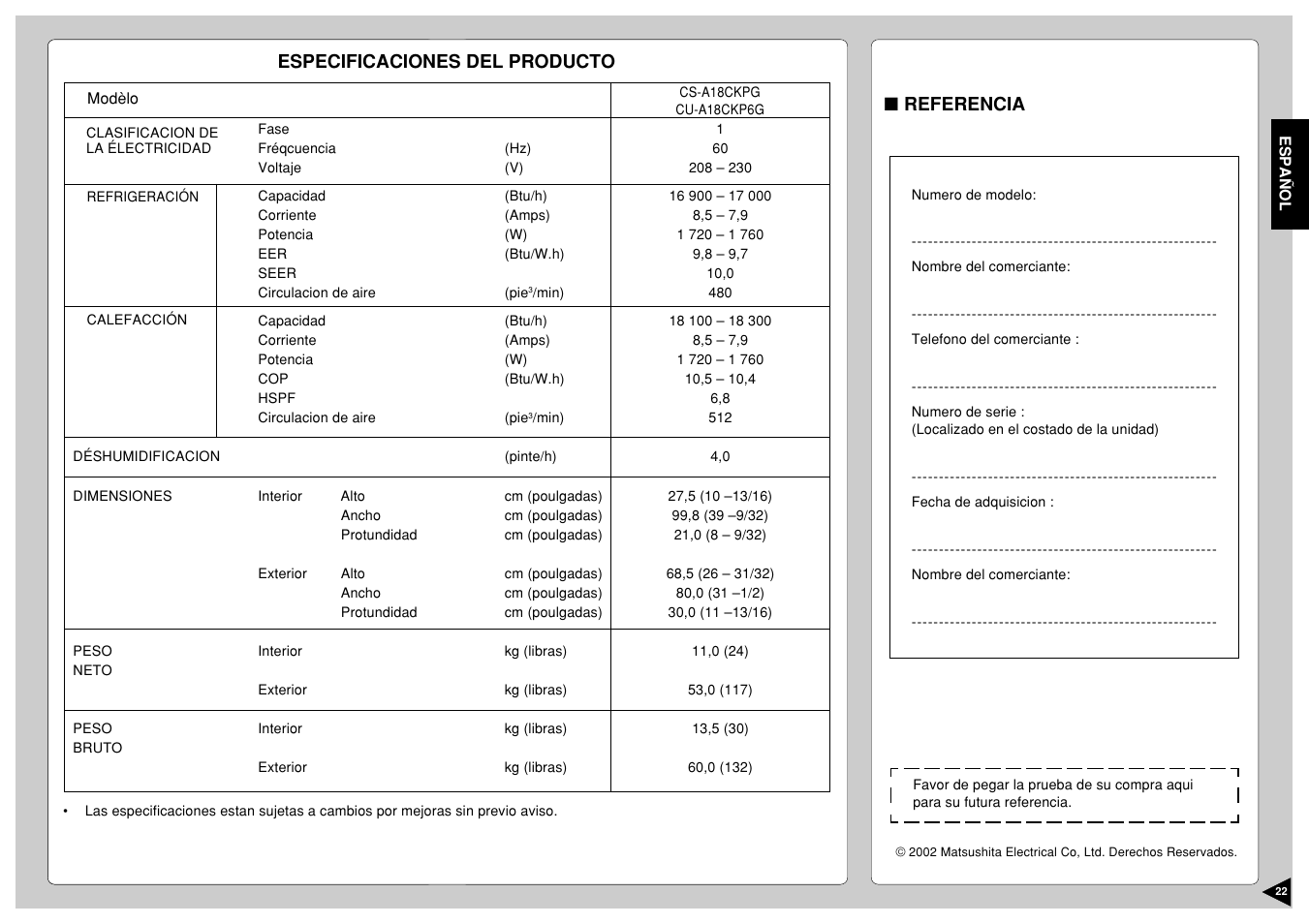 Especificaciones del producto | Panasonic CU-A18CKP6G User Manual | Page 23 / 24