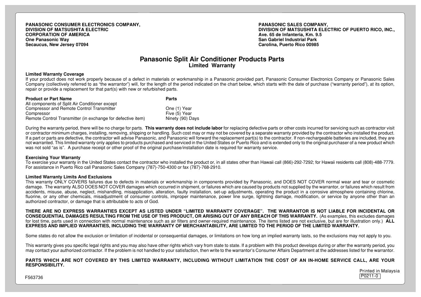 Panasonic split air conditioner products parts | Panasonic CU-A18CKP6G User Manual | Page 24 / 24