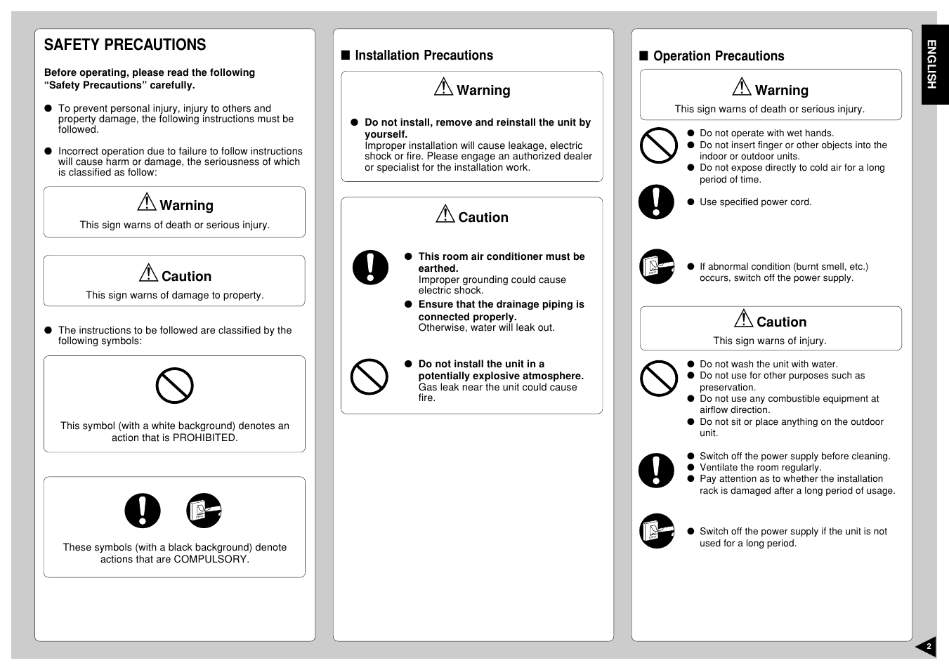 Safety precautions | Panasonic CU-A18CKP6G User Manual | Page 3 / 24