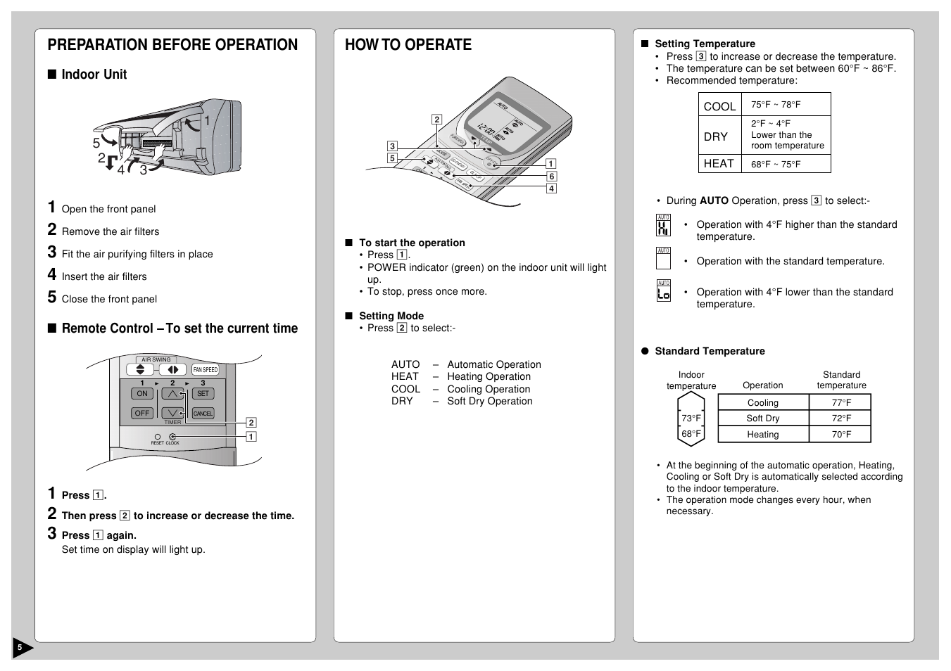 Preparation before operation, How to operate, Indoor unit | Remote control – to set the current time, Cool dry heat | Panasonic CU-A18CKP6G User Manual | Page 6 / 24