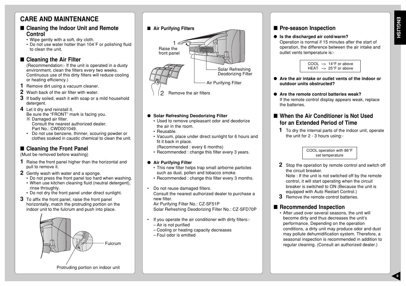 Care and maintenance | Panasonic CU-A18CKP6G User Manual | Page 9 / 24