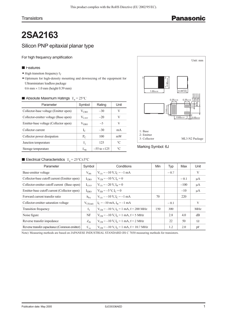 Panasonic 2SA2163 User Manual | 3 pages