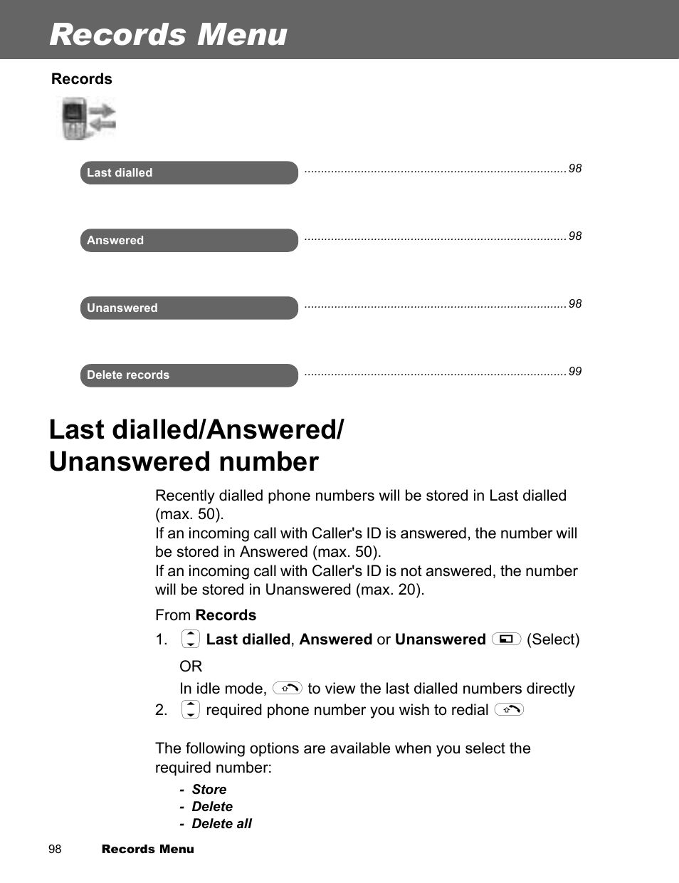 Records menu, Last dialled/answered, Unanswered number | Last dialled/answered/ unanswered number | Panasonic EB-X300 User Manual | Page 101 / 125