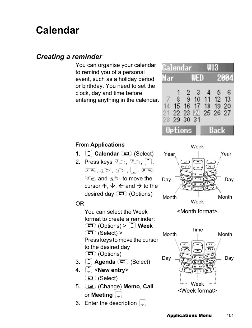 Calendar, Creating a reminder | Panasonic EB-X300 User Manual | Page 104 / 125