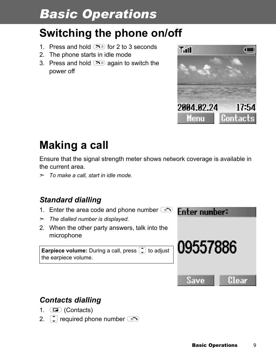 Basic operations, Switching the phone on/off making a call, Switching the phone on/off | Making a call | Panasonic EB-X300 User Manual | Page 12 / 125